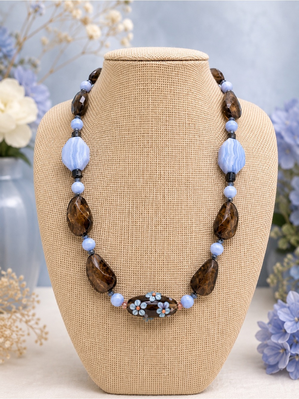 Artisan Made Smoky Quartz, Blue Lace Agate, Lamp work Focal & Swarovski Crystal